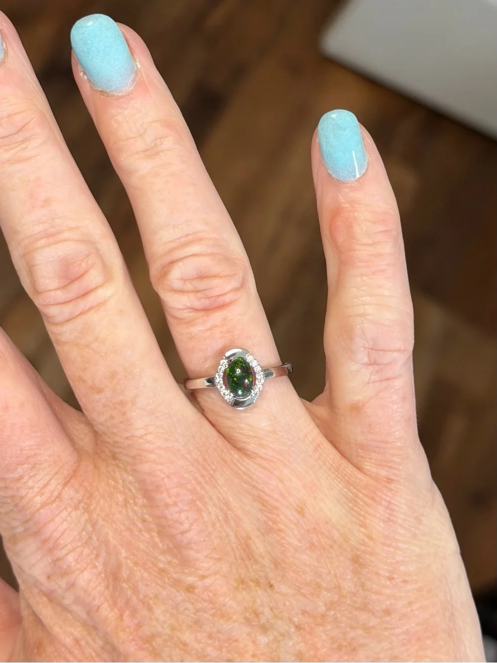 Stunning Natural Rainbow Black Opal with Zircon 925 Sterling Silver Ring Sz 8